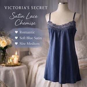 Victoria’s Secret Blue Satin Lace Back Chemise Nightgown Slip Dress Nighty SZM